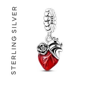 🌟 S925 Sterling Silver Anatomical Heart Rose Dangle Charm